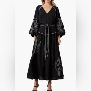 CIEBON Faye Embroidered Tie Waist Long Sleeve Maxi Dress